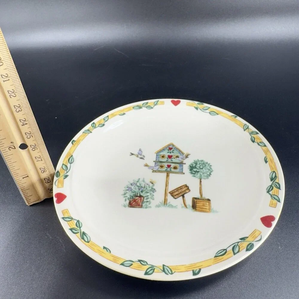 Thomson Pottery Birdhouse Plate Dish Birds Red Hearts Bluejay Set 4 Ceramic‎ 6in